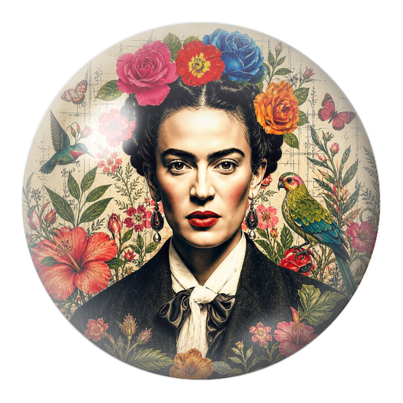 Cabochon en Verre Illustré Frida aux Colibris et au Perroquet dans un Jardin Fleuri 12 à 25mm