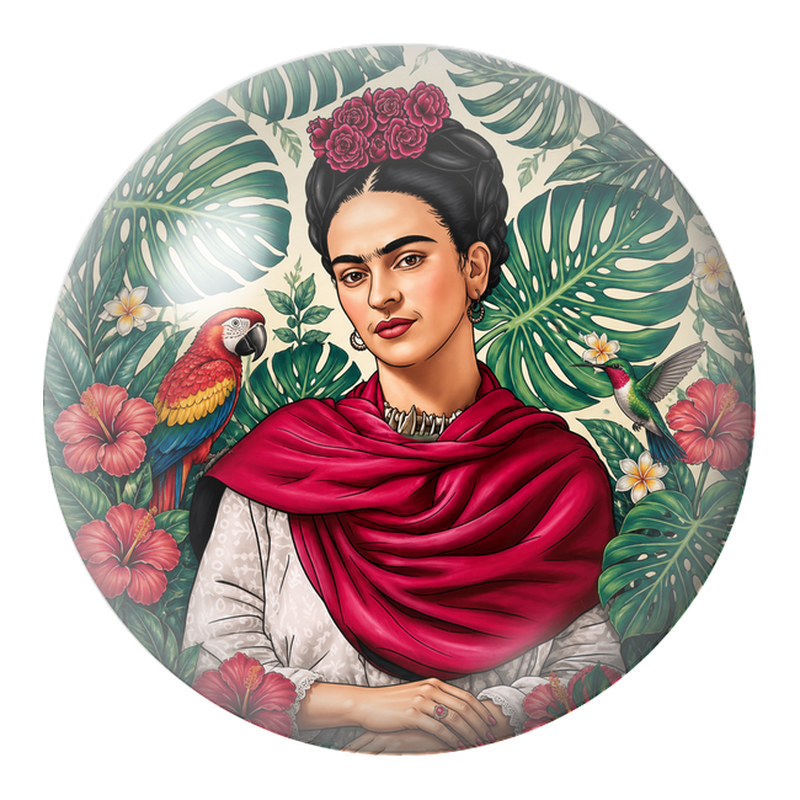 Cabochon en Verre Illustré Frida au Perroquet et au Colibri dans les Feuillages 12 à 25mm