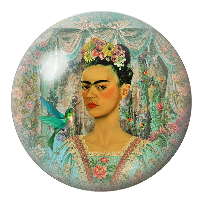 Cabochon en Verre Illustré Frida au Colibri dans un Jardin Drapé 12 à 25mm