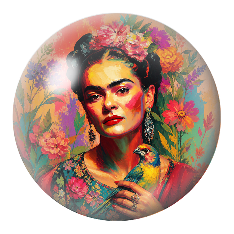Cabochon en Verre Illustré Frida au Perroquet dans un Jardin Coloré 12 à 25mm