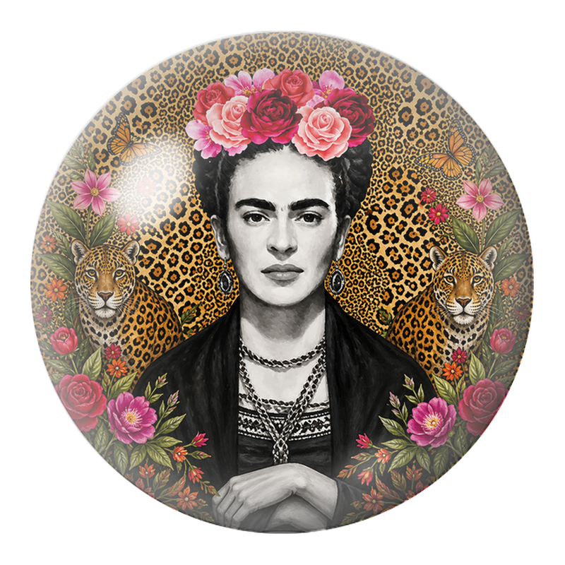 Cabochon en Verre Illustré Frida aux Jaguars sous les Papillons 12 à 25mm