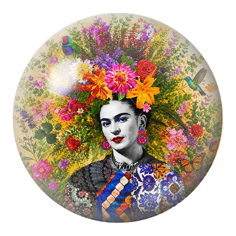 Cabochon en Verre Illustré Frida au Jardin Fleuri avec un Colibri 12 à 25mm