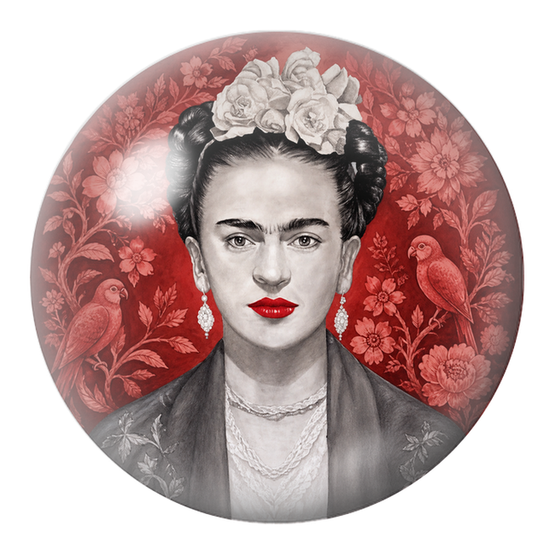 Cabochon en Verre Illustré Frida aux Fleurs Blanches et aux Perroquets 12 à 25mm