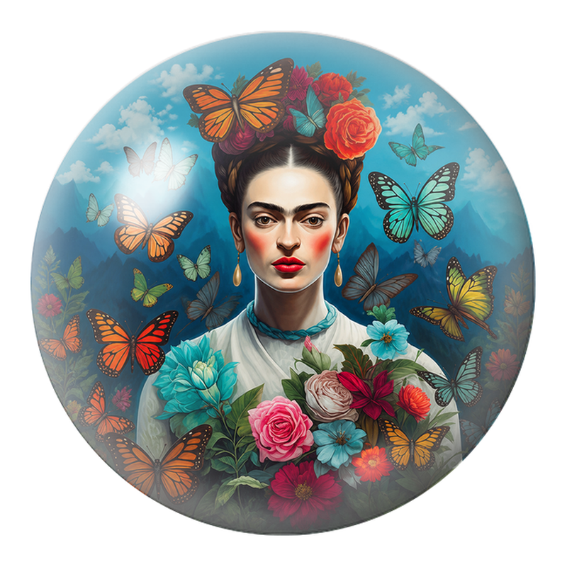 Cabochon en Verre Illustré Frida aux Papillons et aux Fleurs 12 à 25mm