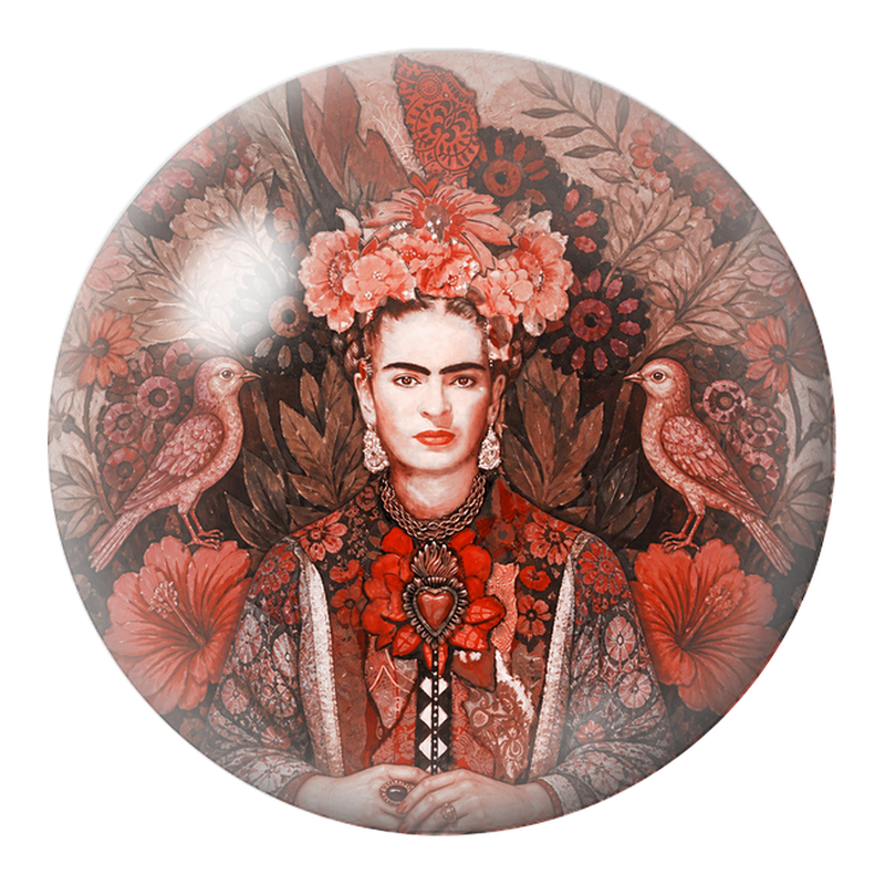 Cabochon en Verre Illustré Frida aux Deux Oiseaux dans les Fleurs Rouges 12 à 25mm