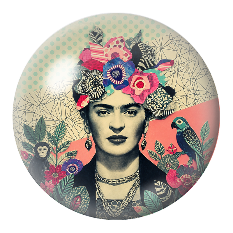 Cabochon en Verre Illustré Frida au Perroquet et au Singe dans un Collage Fleuri 12 à 25mm