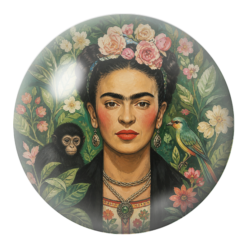 Cabochon en Verre Illustré Frida au Singe et à l’Oiseau dans le Jardin 12 à 25mm