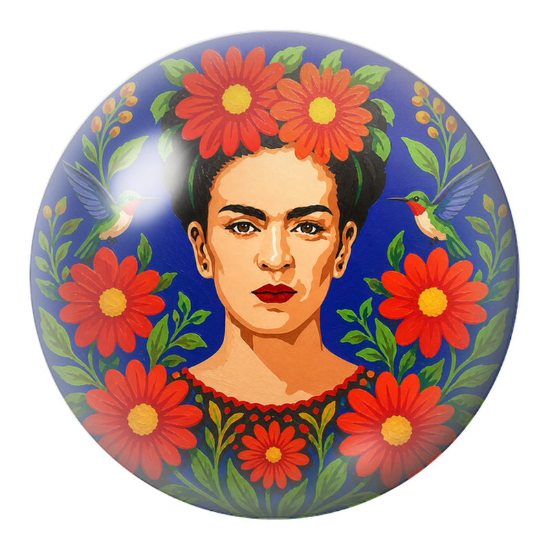 Cabochon en Verre Illustré Frida aux Colibris dans les Marguerites Rouges 12 à 25mm