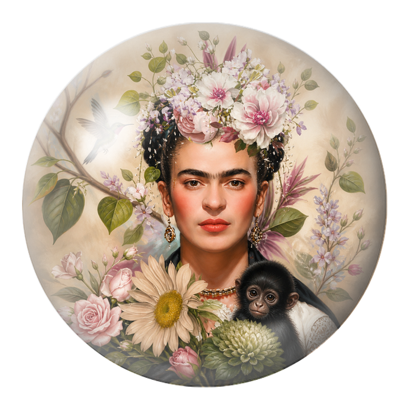 Cabochon en Verre Illustré Frida au Singe et au Colibri parmi les Fleurs 12 à 25mm