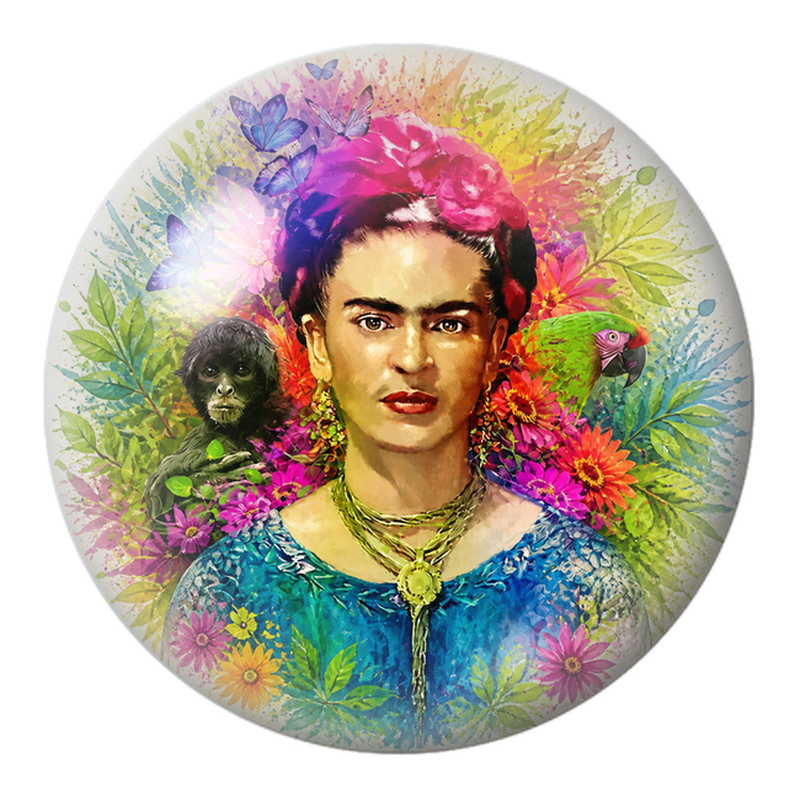 Cabochon en Verre Illustré Frida aux Papillons et au Perroquet Vert 12 à 25mm