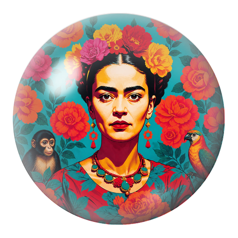 Cabochon en Verre Illustré Frida au Singe et au Perroquet dans les Roses 12 à 25mm