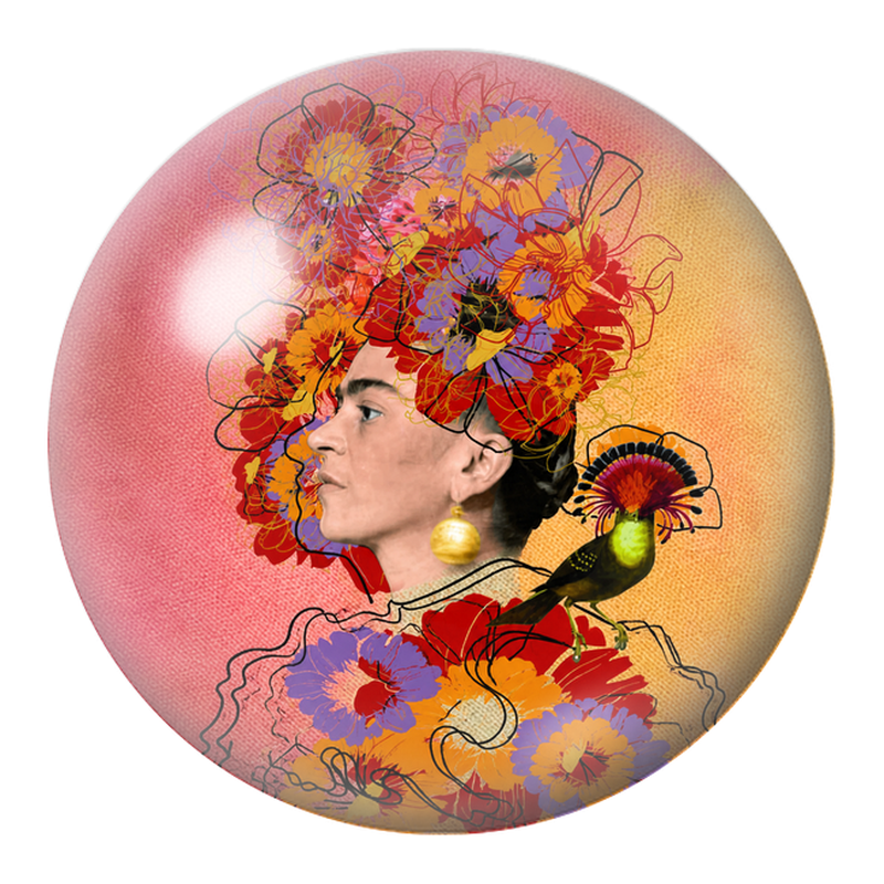 Cabochon en Verre Illustré Frida de Profil à l’Oiseau Coloré 12 à 25mm