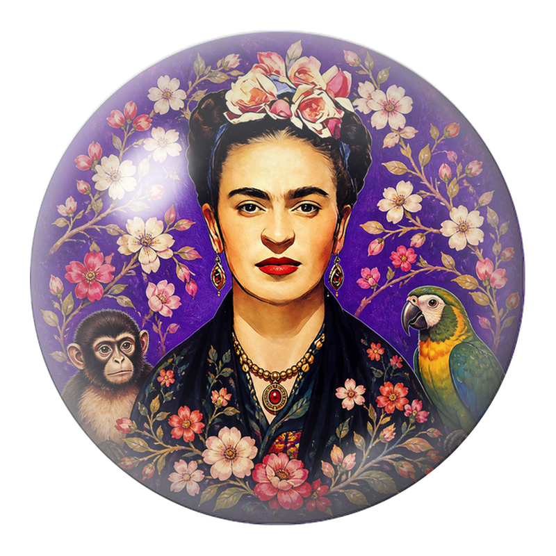 Cabochon en Verre Illustré Frida au Singe et au Perroquet sur Fond Violet 12 à 25mm