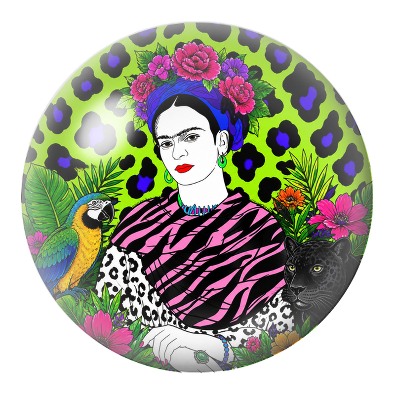 Cabochon en Verre Illustré Frida au Perroquet et à la Panthère Noire 12 à 25mm