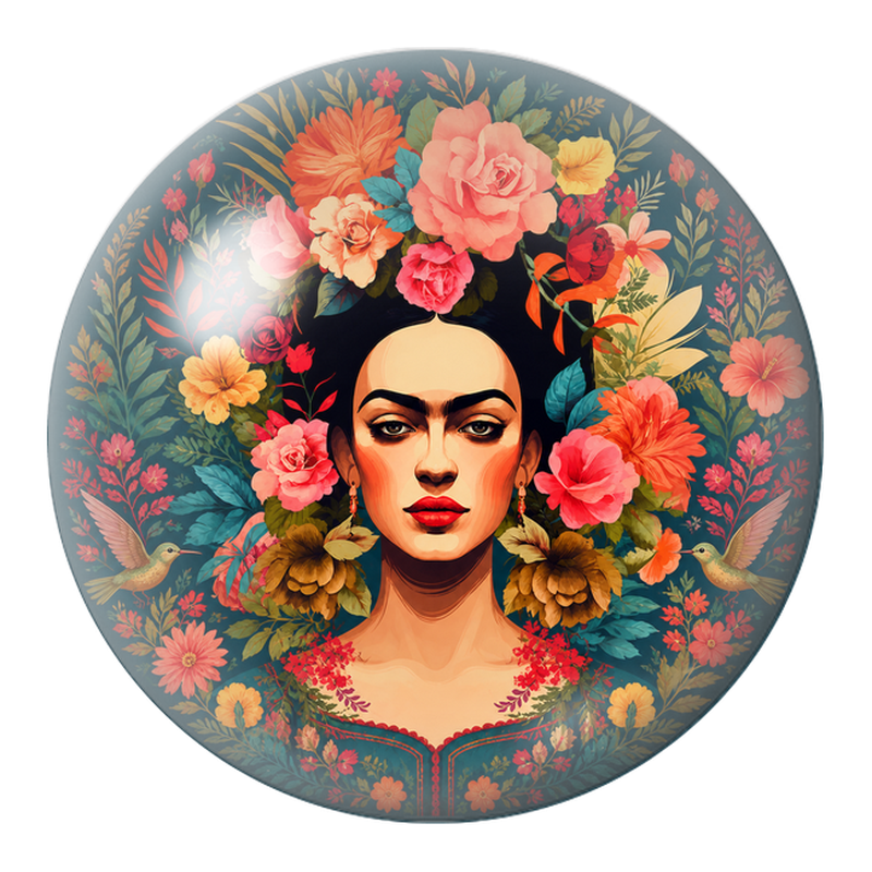 Cabochon en Verre Illustré Frida aux Colibris dans les Fleurs Corail 12 à 25mm