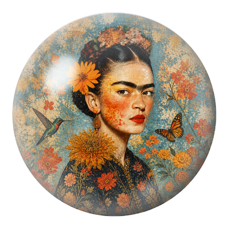 Cabochon en Verre Illustré Frida au Colibri et au Papillon Orange 12 à 25mm