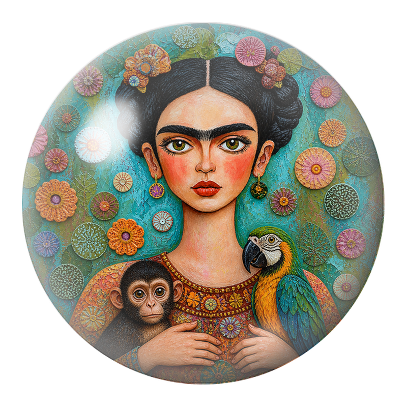 Cabochon en Verre Illustré Frida au Singe et au Perroquet parmi les Rosaces 12 à 25mm