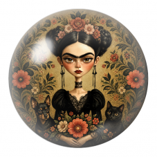 Cabochon en Verre Illustré Frida aux Chats et au Chien dans les Fleurs 12 à 25mm pour la Création de Bijoux Fantaisie - DIY
