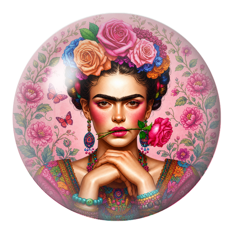 Cabochon en Verre Illustré Frida à la Rose entre les Lèvres 12 à 25mm