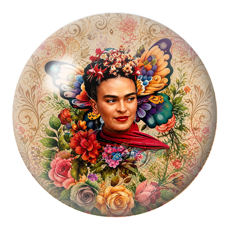 Cabochon en Verre Illustré Frida au Bouquet de Fleurs Colorées 12 à 25mm