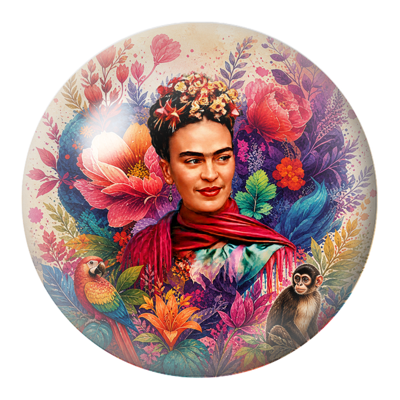 Cabochon en Verre Illustré Frida au Perroquet et au Singe dans les Fleurs 12 à 25mm