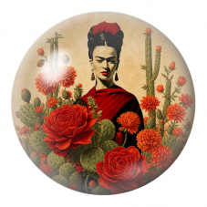 Cabochon en Verre Illustré Frida dans les Cactus et les Fleurs Rouges 12 à 25mm pour la Création de Bijoux Fantaisie - DIY