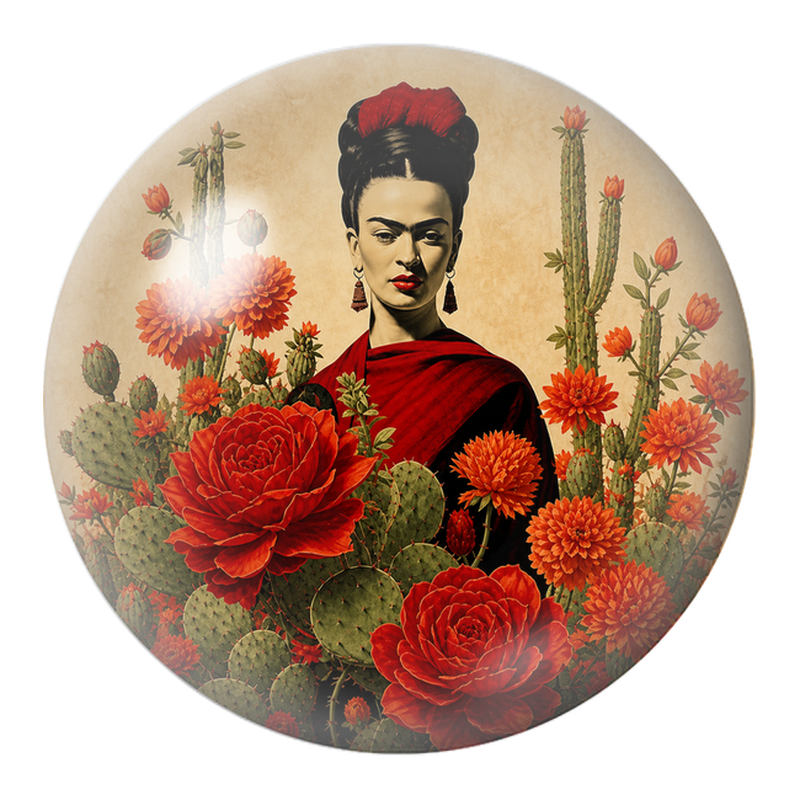 Cabochon en Verre Illustré Frida dans les Cactus et les Fleurs Rouges 12 à 25mm