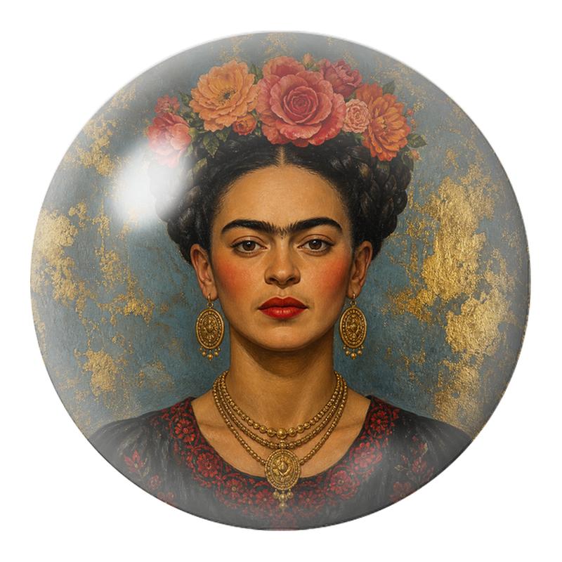Cabochon en Verre Illustré Frida aux Roses Orange sur Fond Doré 12 à 25mm