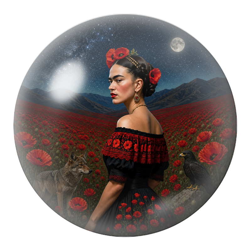 Cabochon en Verre Illustré Frida au Loup et au Corbeau sous la Lune 12 à 25mm