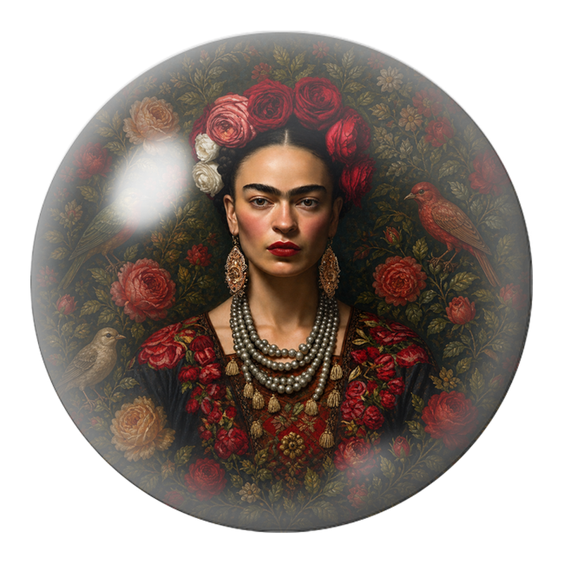 Cabochon en Verre Illustré Frida aux Oiseaux dans les Roses Sombres 12 à 25mm
