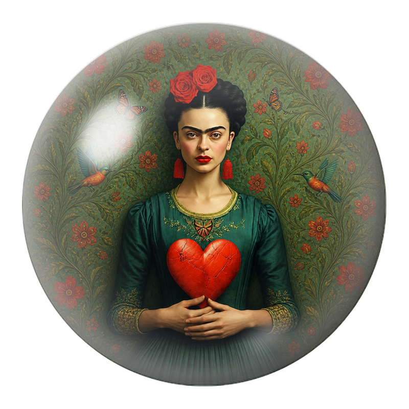 Cabochon en Verre Illustré Frida au Cœur Rouge et aux Colibris 12 à 25mm