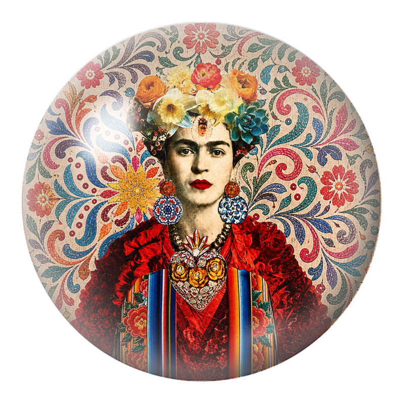 Cabochon en Verre Illustré Frida au Cœur Mexicain et aux Fleurs 12 à 25mm