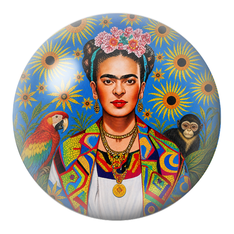 Cabochon en Verre Illustré Frida au Perroquet et au Singe sous les Tournesols 12 à 25mm