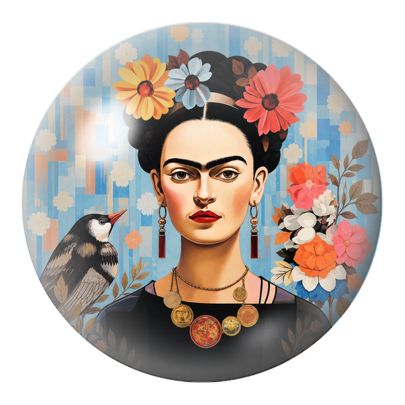 Cabochon en Verre Illustré Frida aux Fleurs et à l’Oiseau Noir 12 à 25mm