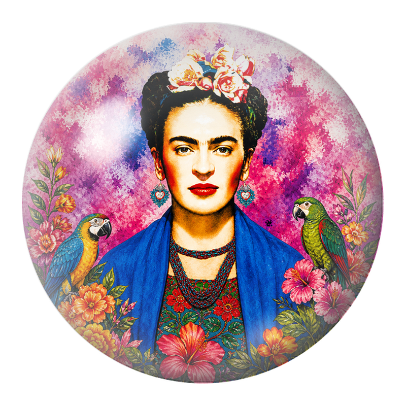 Cabochon en Verre Illustré Frida aux Deux Perroquets dans les Hibiscus 12 à 25mm