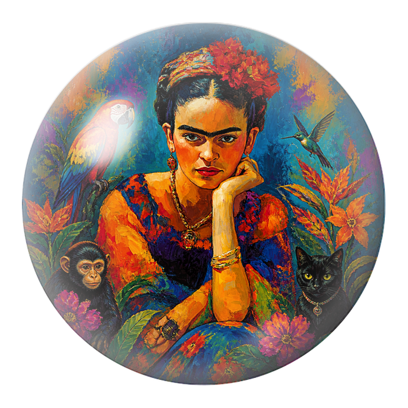 Cabochon en Verre Illustré Frida au Perroquet, au Singe et au Chat 12 à 25mm