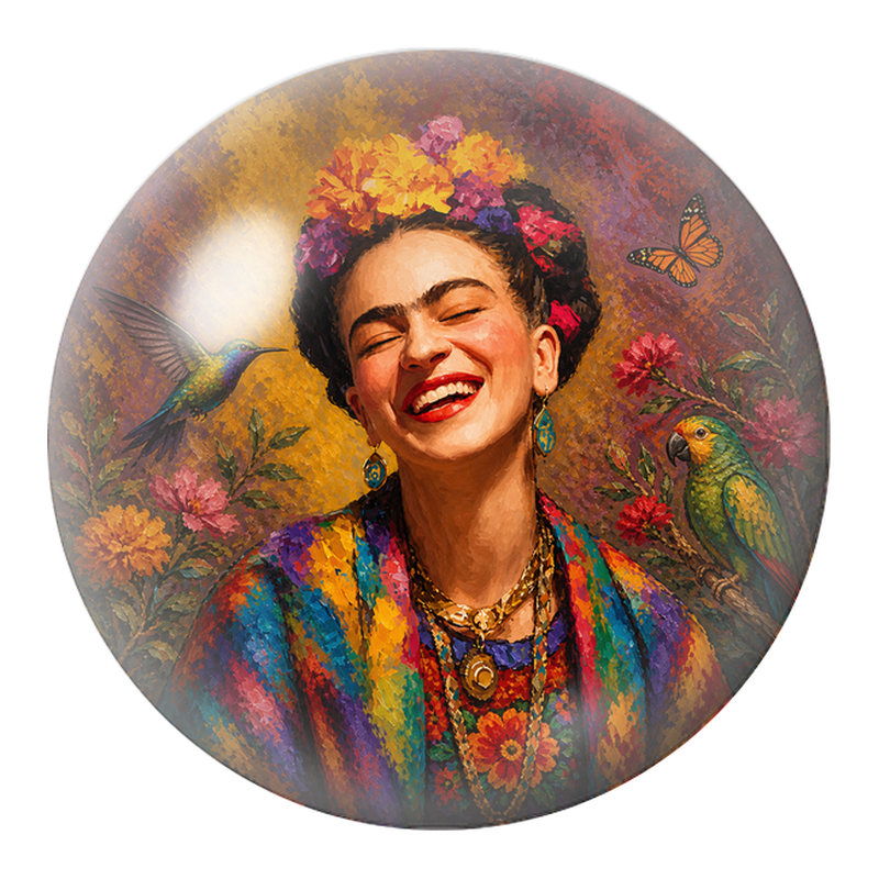Cabochon en Verre Illustré Frida Rieuse au Perroquet et au Colibri 12 à 25mm