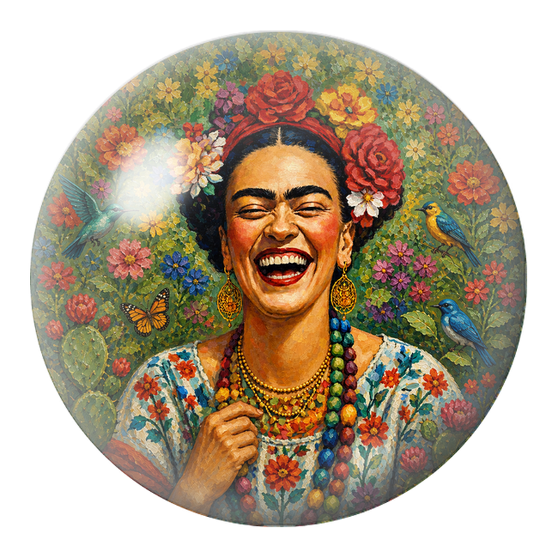 Cabochon en Verre Illustré Frida Rieuse dans un Jardin Fleuri 12 à 25mm