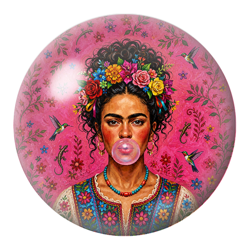 Cabochon en Verre Illustré Frida à la Bulle et aux Colibris 12 à 25mm