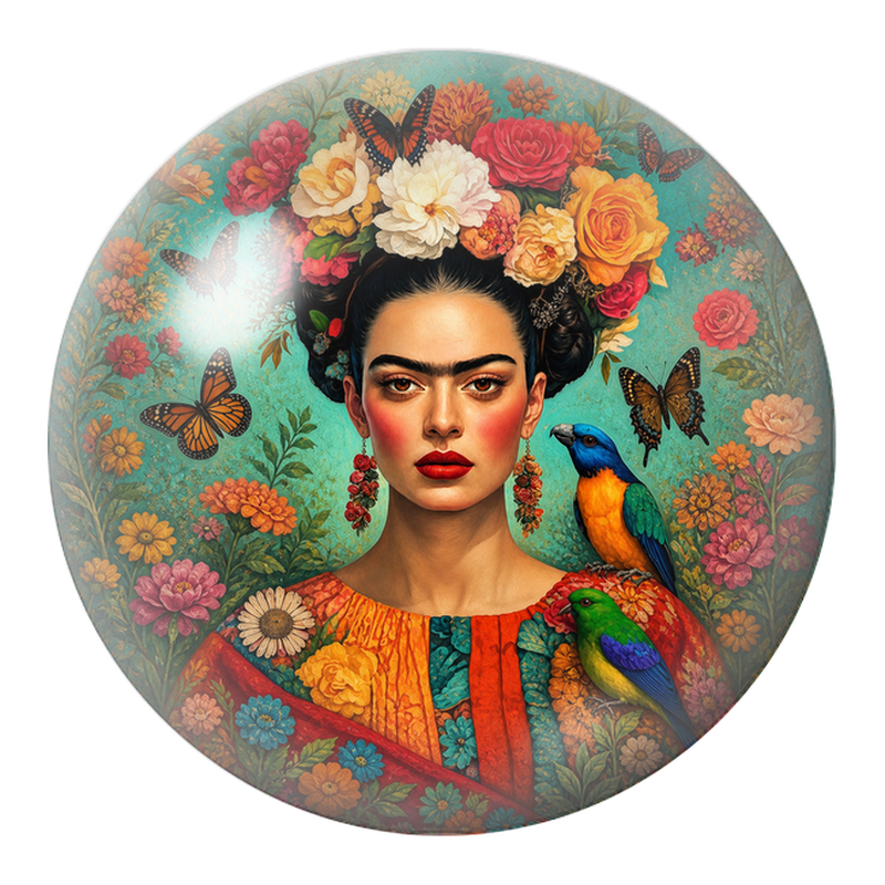 Cabochon en Verre Illustré Frida aux Papillons et aux Perroquets 12 à 25mm