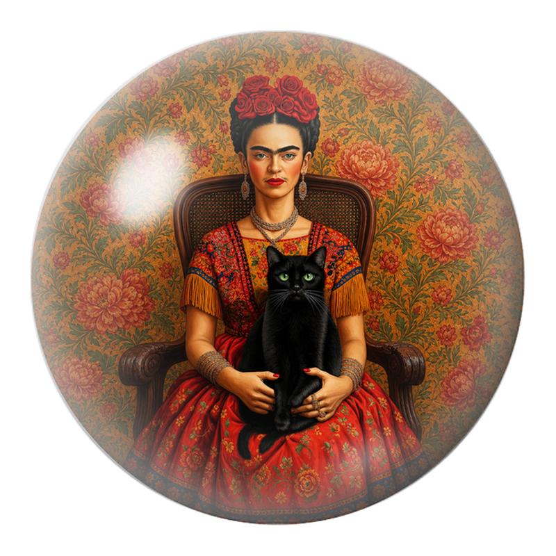 Cabochon en Verre Illustré Frida au Chat Noir dans le Fauteuil 12 à 25mm