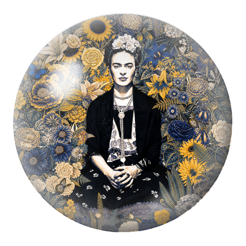Cabochon en Verre Illustré Frida au Jardin Bleu et Or 12 à 25mm