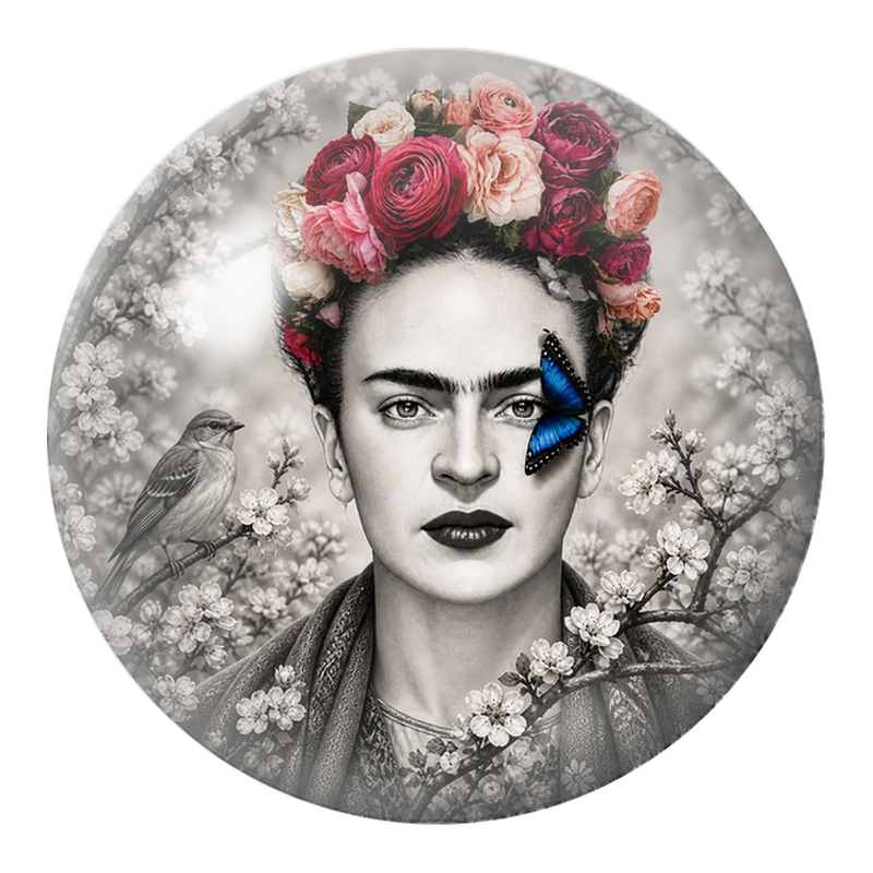Cabochon en Verre Illustré Frida au Papillon Bleu dans les Fleurs Blanches 12 à 25mm