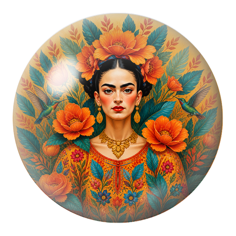Cabochon en Verre Illustré Frida aux Deux Colibris dans les Fleurs Orange 12 à 25mm