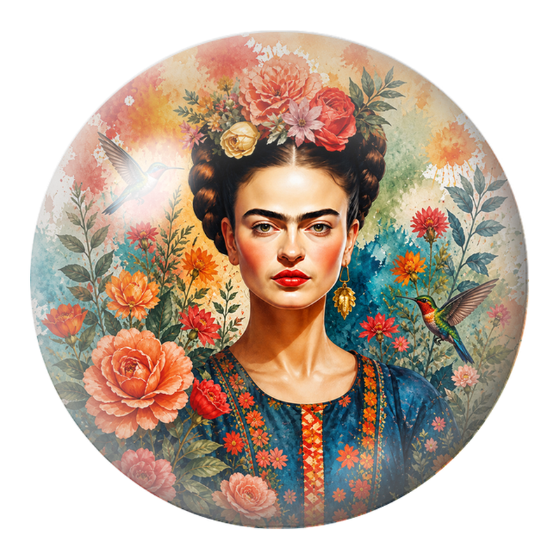 Cabochon en Verre Illustré Frida aux Deux Colibris dans les Fleurs 12 à 25mm