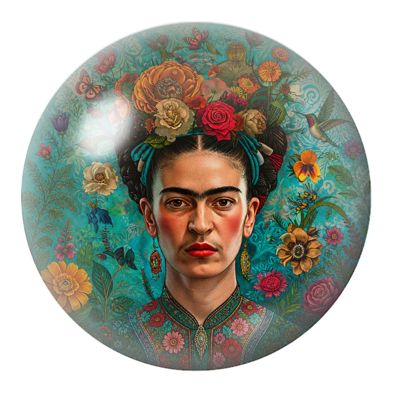 Cabochon en Verre Illustré Frida au Jardin Turquoise et aux Papillons 12 à 25mm