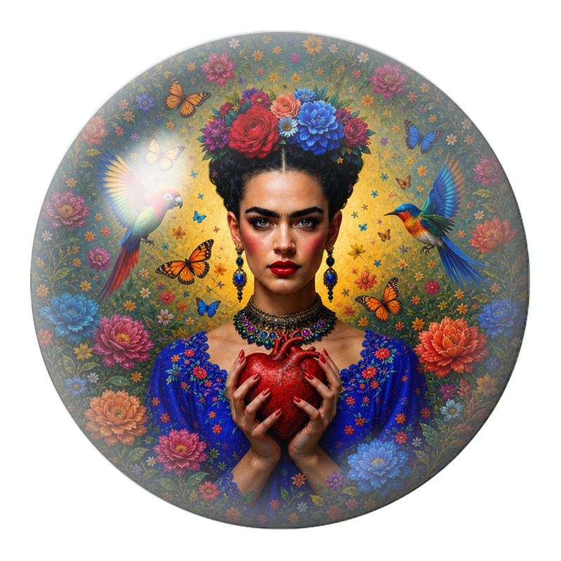 Cabochon en Verre Illustré Frida au Cœur Anatomique et aux Perroquets 12 à 25mm