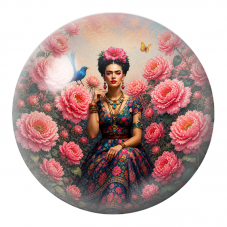 Cabochon en Verre Illustré Frida Assise dans les Pivoines Roses 12 à 25mm pour la Création de Bijoux Fantaisie - DIY