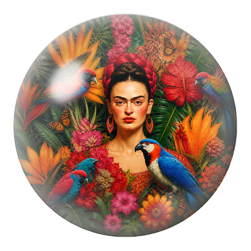 Cabochon en Verre Illustré Frida aux Perroquets dans les Fleurs Tropicales 12 à 25mm