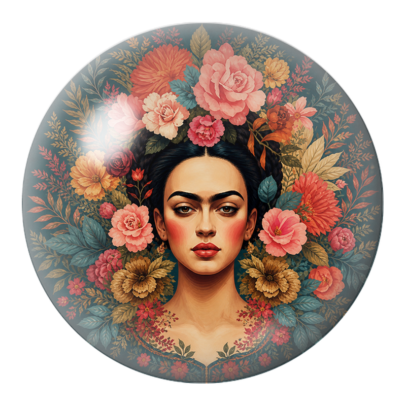Cabochon en Verre Illustré Frida au Bouquet de Fleurs Corail 12 à 25mm